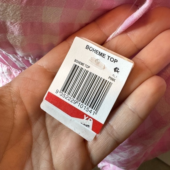 NWT Charlie Holiday Boheme Off The Shoulder Checkered Peasant Top Pink Size XS - Picture 7 of 7